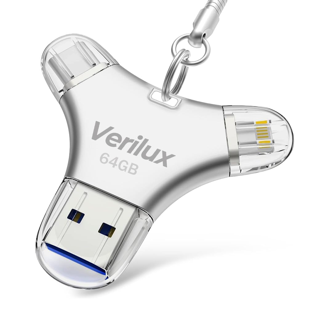 Verilux Pendrive 64GB 4 in 1 Flash Drive with Light-ning, Micro USB, USB A, Type-C Interface Mini Hangable PenDrive for iOS & Android Verilux Pendrive 64GB 4 in 1 Flash Drive with Light-ning, Micro USB, USB A, Type-C Interface Mini Hangable PenDrive for iOS & Android
